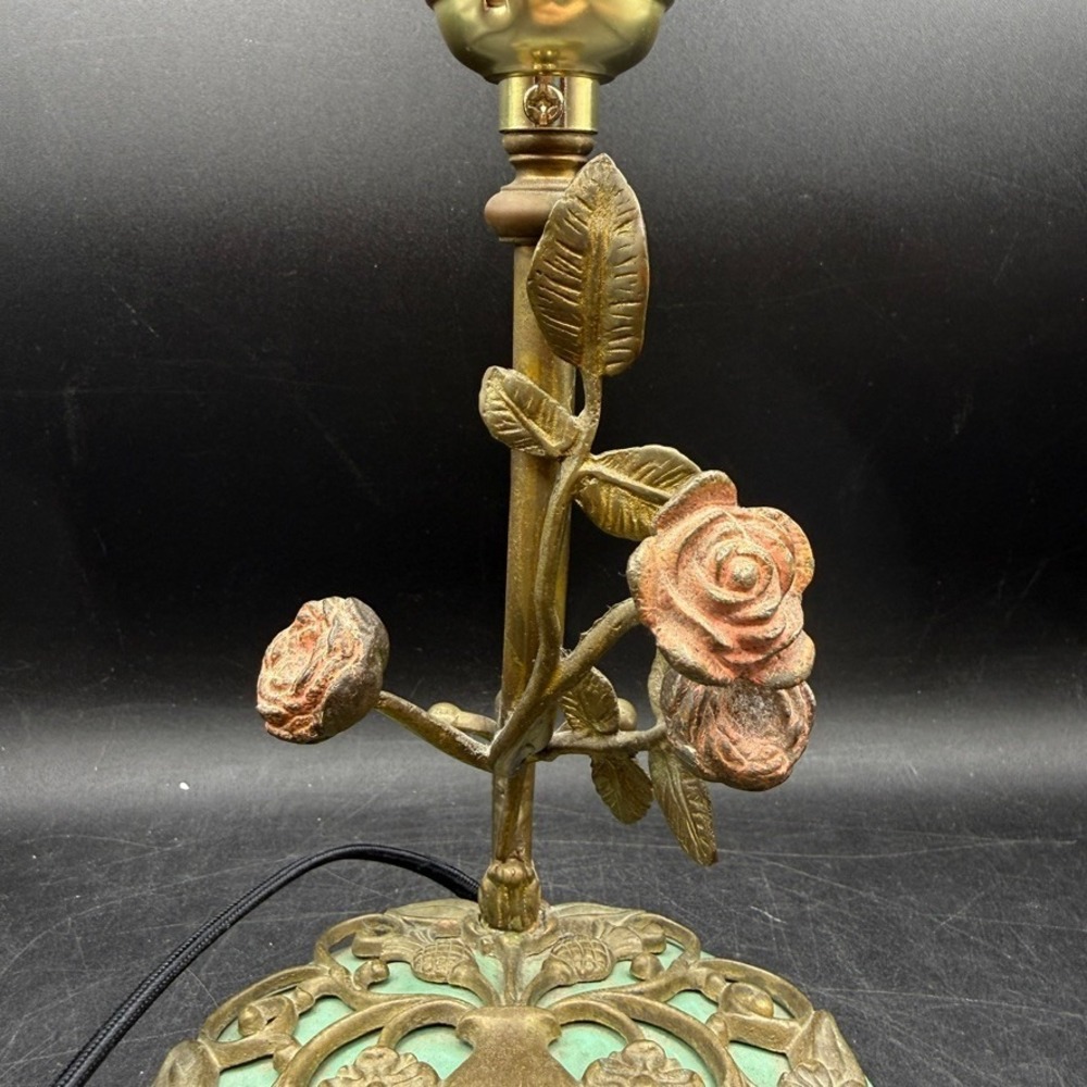 Vintage Art Deco Brass Green Rose Table Lamp Home Fairy Floral Verdigris Cottage - Picture 3 of 12